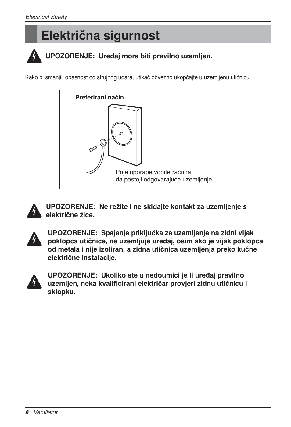 Električna sigurnost | LG LZ-H100GXN0 User Manual | Page 343 / 456