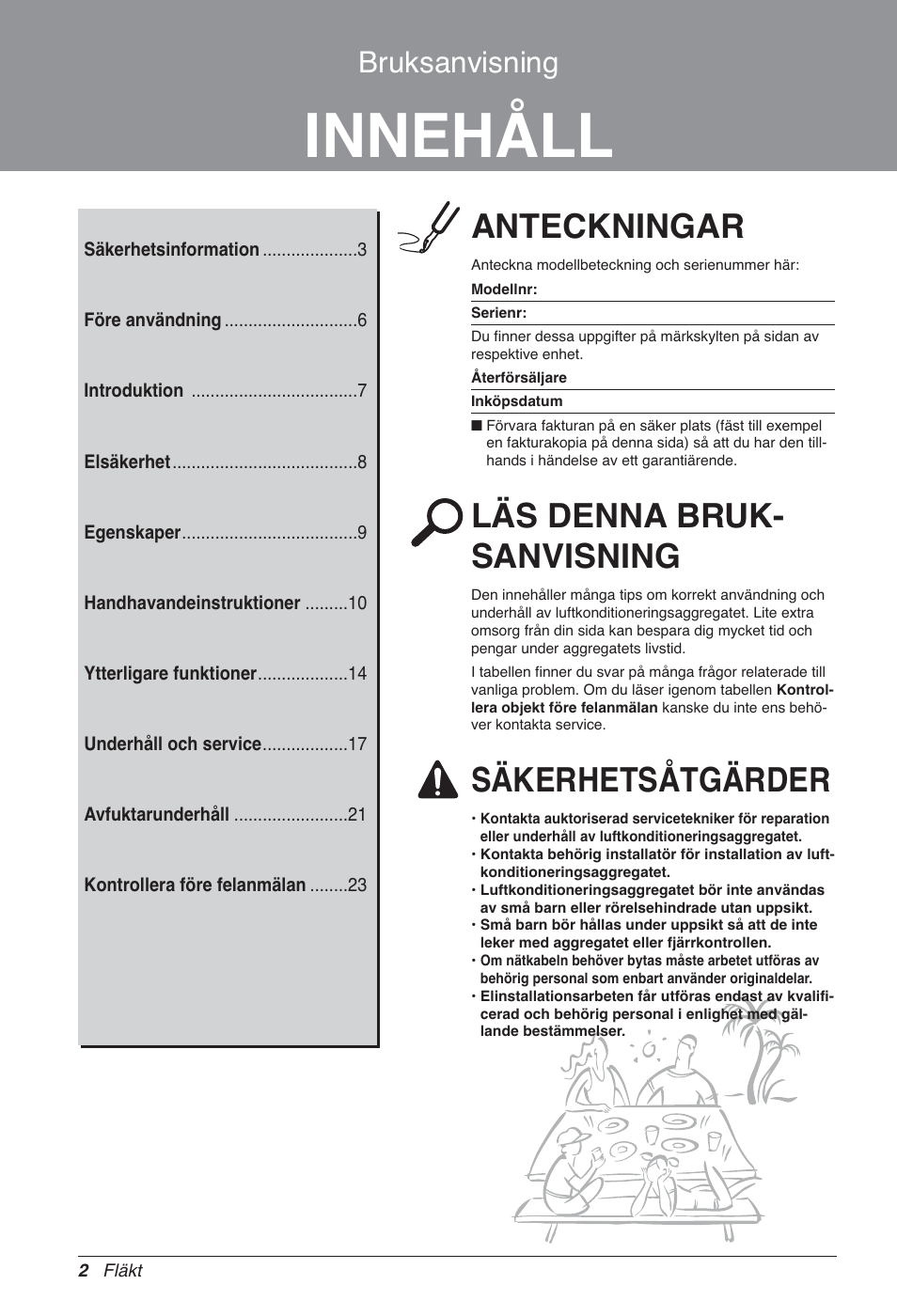 Innehåll, Anteckningar, Läs denna bruk- sanvisning | Säkerhetsåtgärder, Bruksanvisning | LG LZ-H100GXN0 User Manual | Page 361 / 456