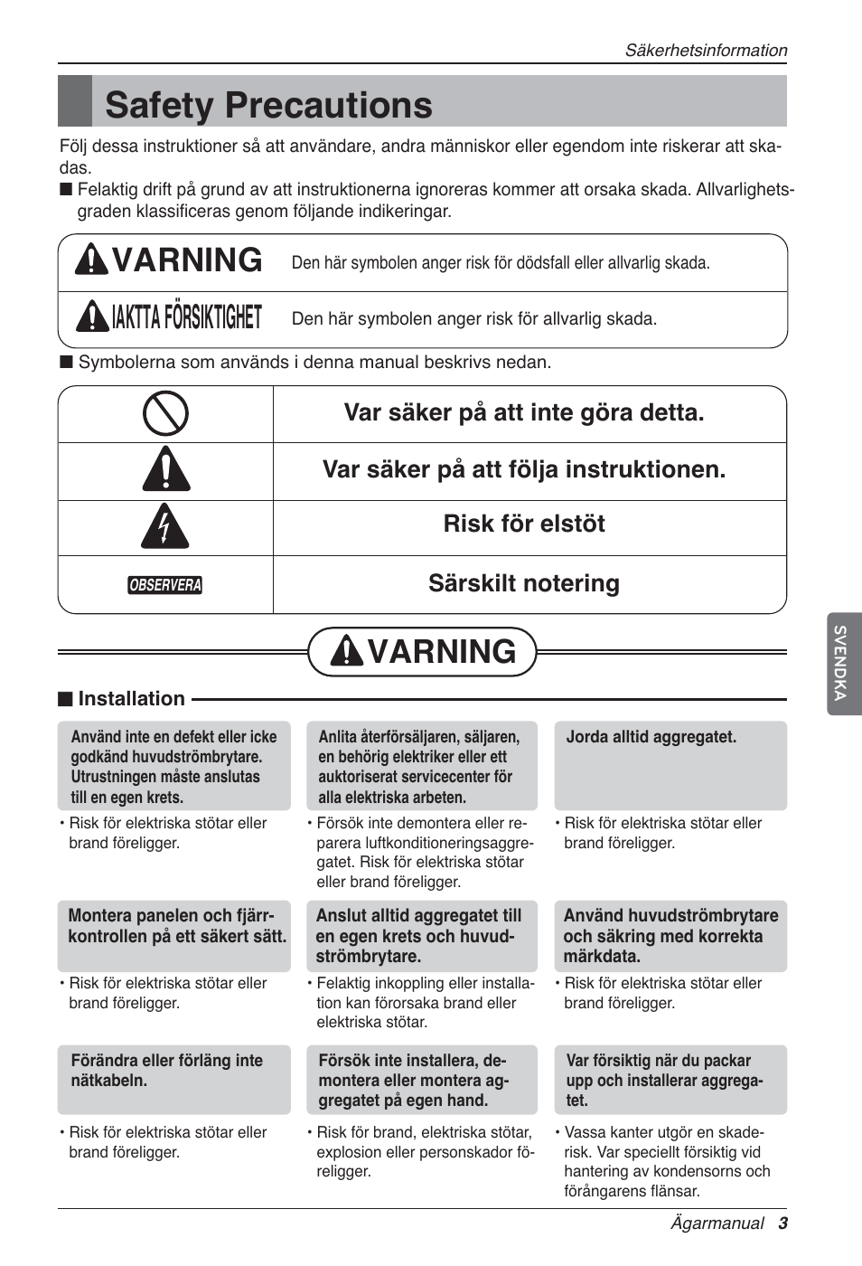 Safety precautions, Varning iaktta försiktighet, Varning | LG LZ-H100GXN0 User Manual | Page 362 / 456