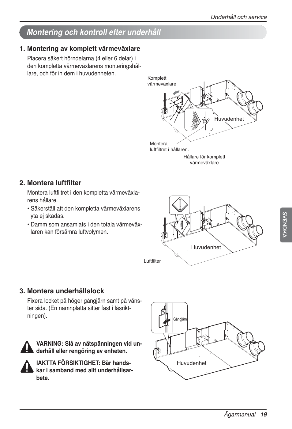 Montering och kontroll efter underhåll, Montering av komplett värmeväxlare, Montera luftfilter | Montera underhållslock | LG LZ-H100GXN0 User Manual | Page 378 / 456