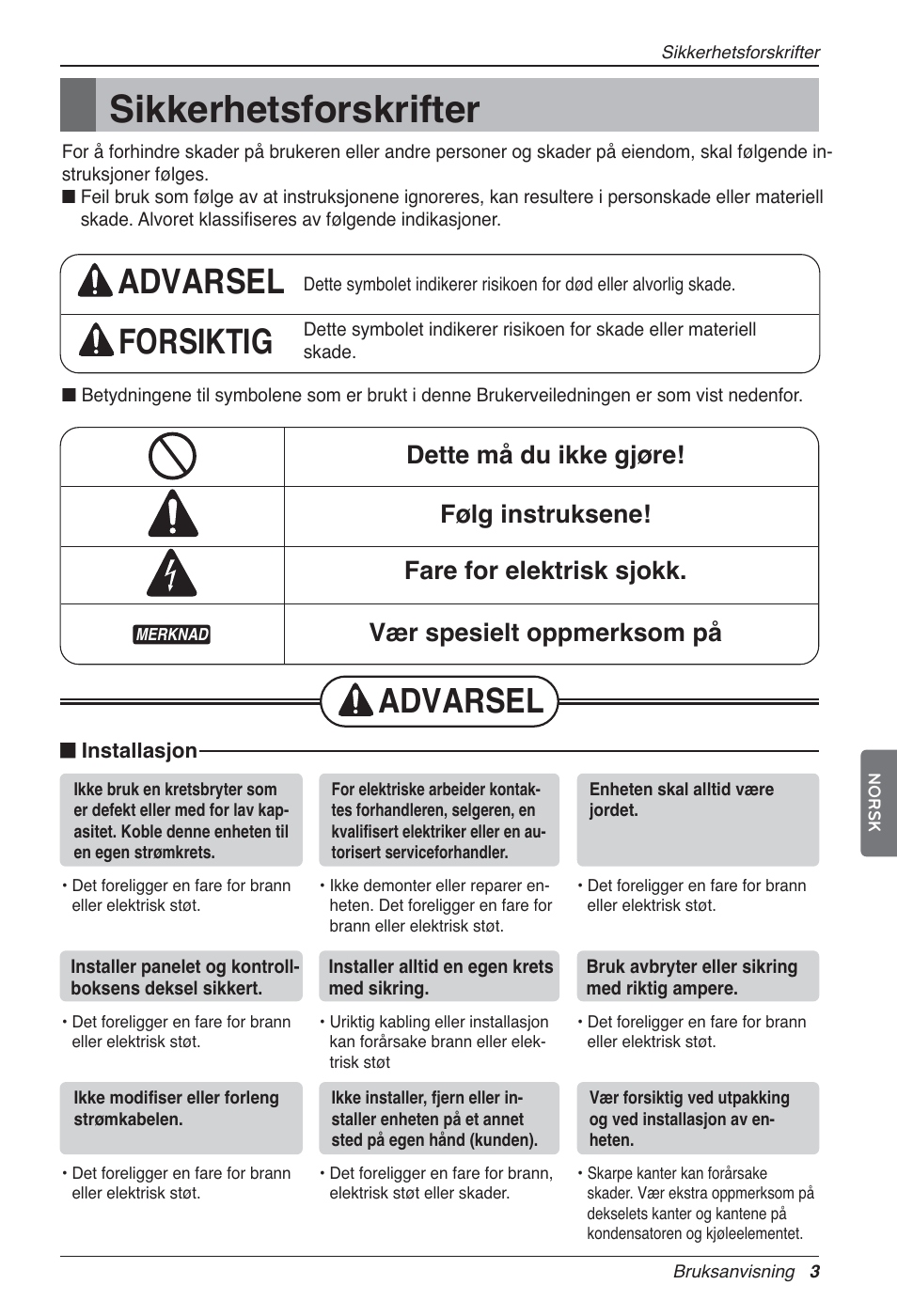 Sikkerhetsforskrifter, Advarsel forsiktig, Advarsel | LG LZ-H100GXN0 User Manual | Page 386 / 456