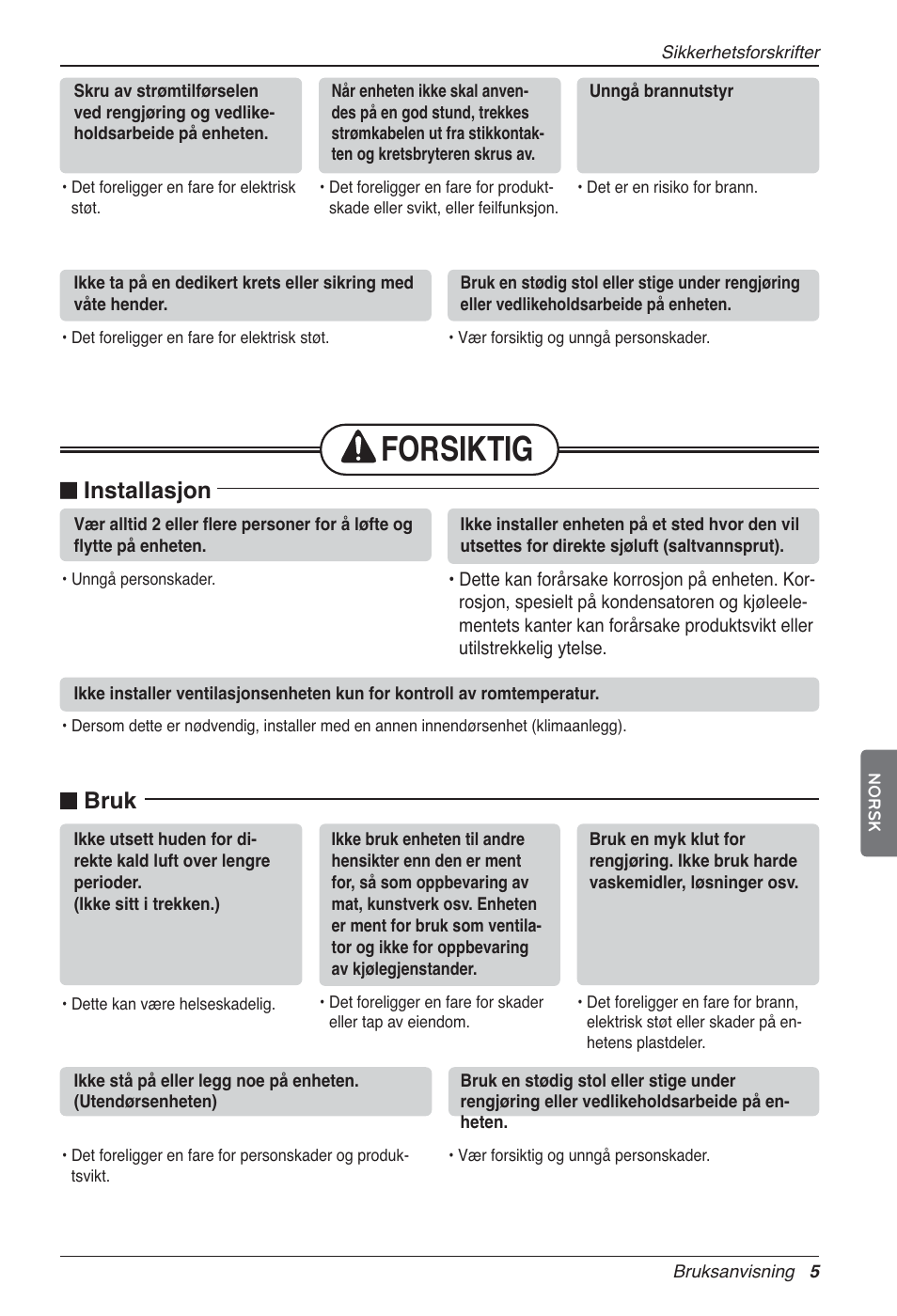 Forsiktig, N installasjon, N bruk | LG LZ-H100GXN0 User Manual | Page 388 / 456