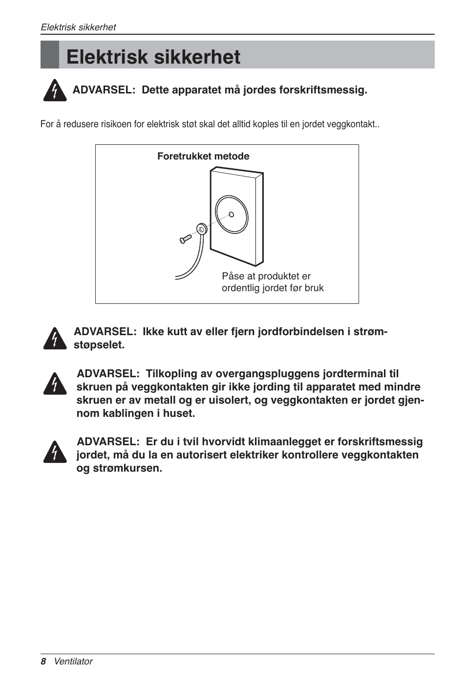 Elektrisk sikkerhet | LG LZ-H100GXN0 User Manual | Page 391 / 456