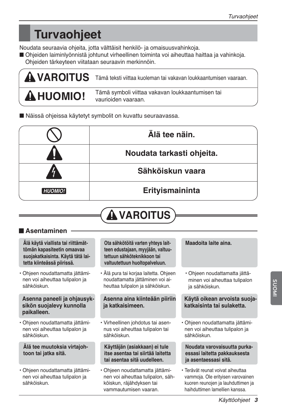 Turvaohjeet, Varoitus huomio, Varoitus | LG LZ-H100GXN0 User Manual | Page 410 / 456