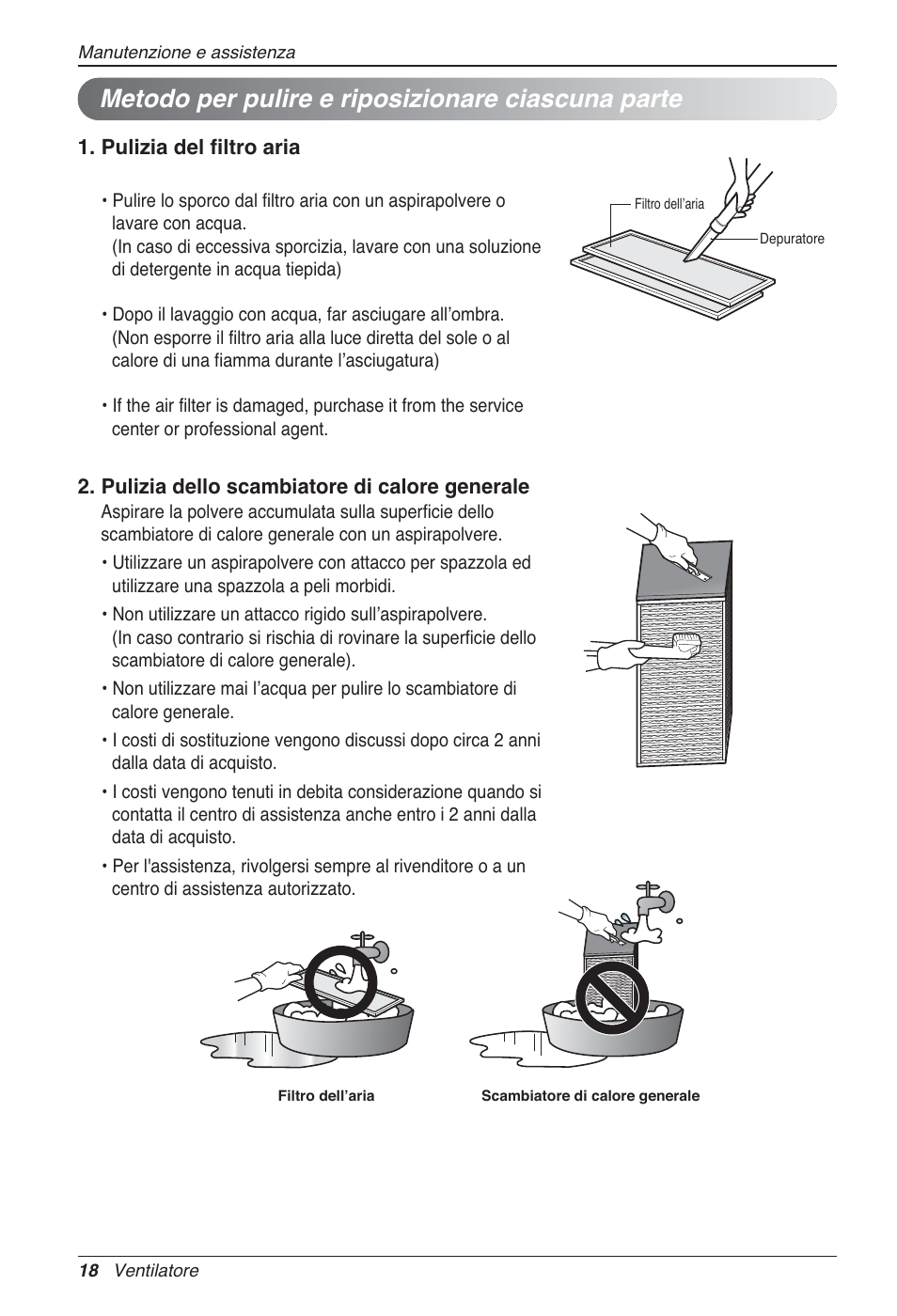 Metodo per pulire e riposizionare ciascuna parte | LG LZ-H100GXN0 User Manual | Page 42 / 456