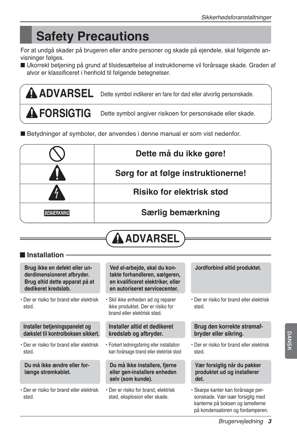 Safety precautions, Advarsel forsigtig, Advarsel | LG LZ-H100GXN0 User Manual | Page 434 / 456