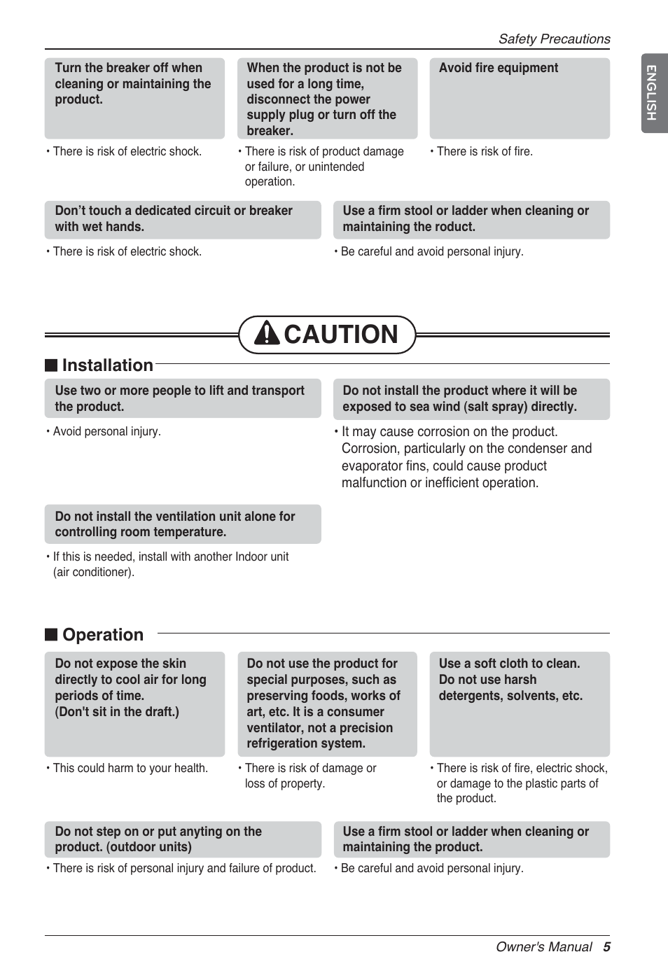 Caution, N installation, N operation | LG LZ-H100GXN0 User Manual | Page 5 / 456