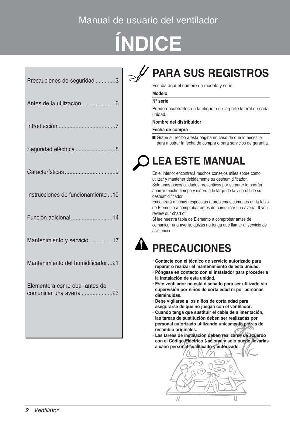 Índice, Para sus registros, Lea este manual | Precauciones, Manual de usuario del ventilador | LG LZ-H100GXN0 User Manual | Page 50 / 456