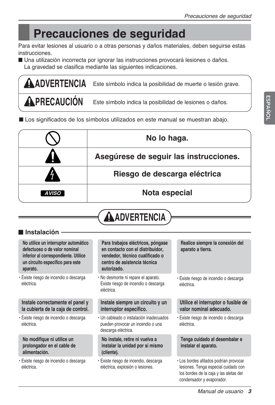 Precauciones de seguridad, Advertencia precaución, Advertencia | LG LZ-H100GXN0 User Manual | Page 51 / 456