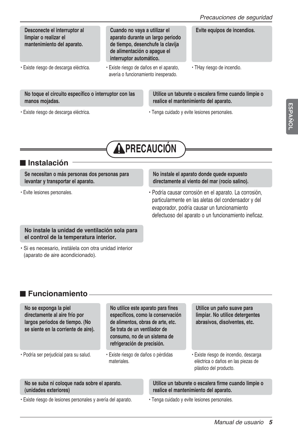 Precaución, N instalación, N funcionamiento | LG LZ-H100GXN0 User Manual | Page 53 / 456