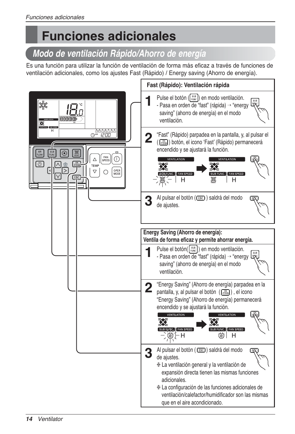 Funciones adicionales, Modo de ventilación rápido/ahorro de energía | LG LZ-H100GXN0 User Manual | Page 62 / 456