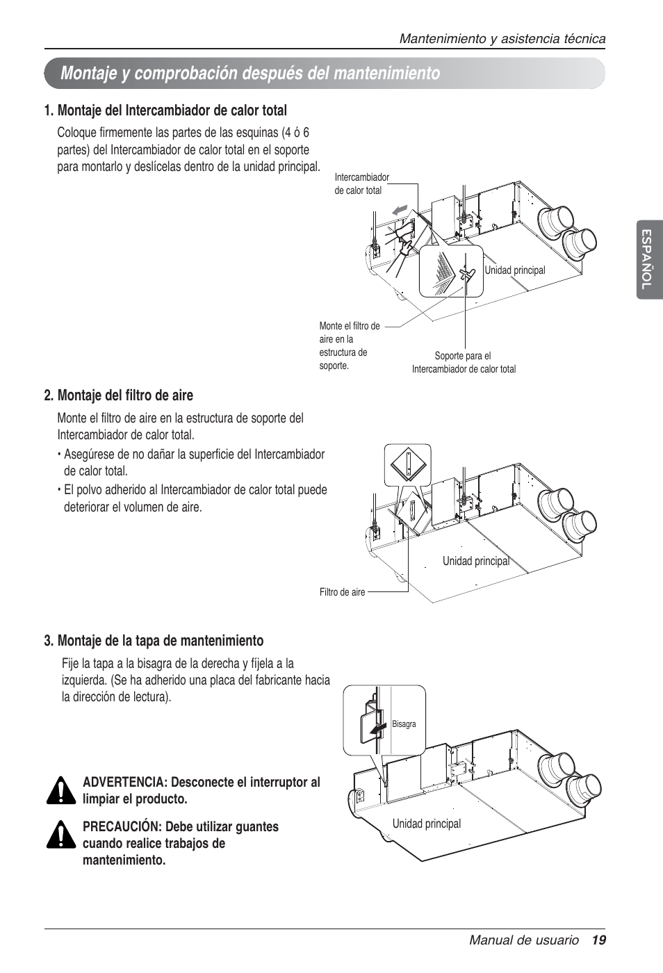 Montaje y comprobación después del mantenimiento, Montaje del intercambiador de calor total, Montaje del filtro de aire | Montaje de la tapa de mantenimiento | LG LZ-H100GXN0 User Manual | Page 67 / 456