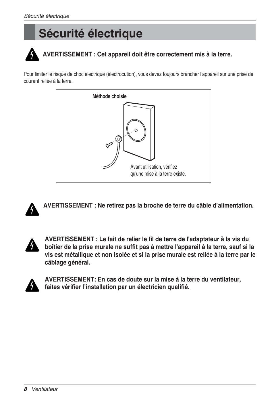 Sécurité électrique | LG LZ-H100GXN0 User Manual | Page 80 / 456