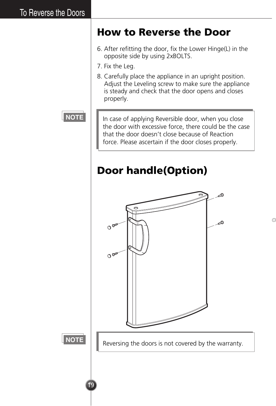 How to reverse the door, Door handle(option) | LG GR-181LA User Manual | Page 18 / 55