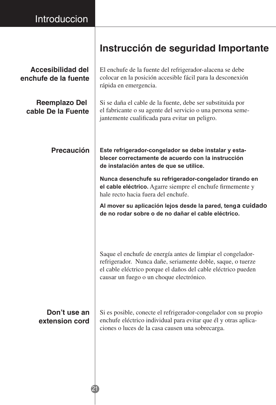 Instrucción de seguridad importante, Introduccion | LG GR-181LA User Manual | Page 20 / 55