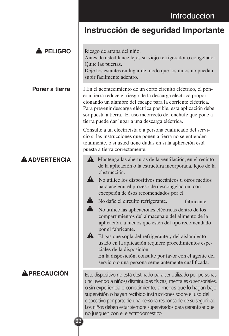 Introduccion instrucción de seguridad importante | LG GR-181LA User Manual | Page 21 / 55