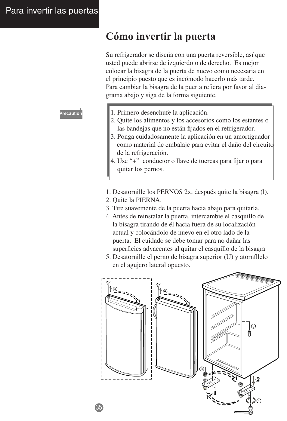 Cómo invertir la puerta, Para invertir las puertas | LG GR-181LA User Manual | Page 34 / 55