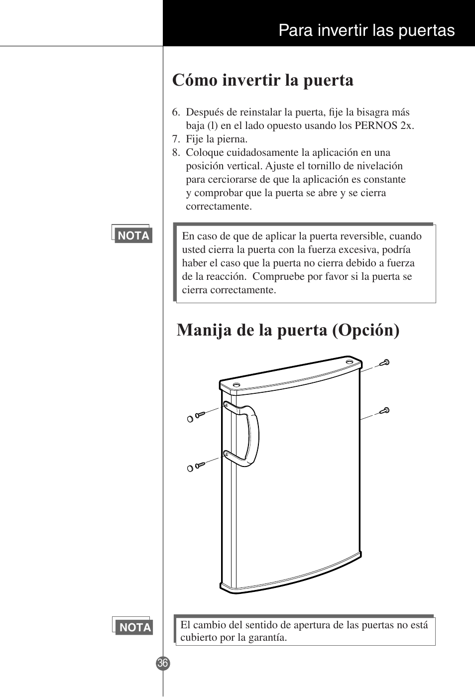 Cómo invertir la puerta, Manija de la puerta (opción), Para invertir las puertas | LG GR-181LA User Manual | Page 35 / 55