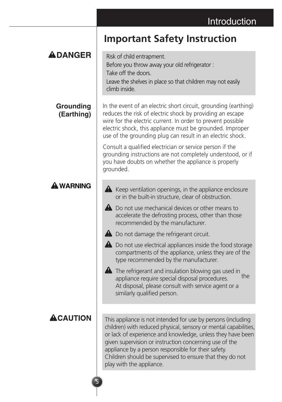 Important safety instruction, Introduction | LG GR-181LA User Manual | Page 4 / 55