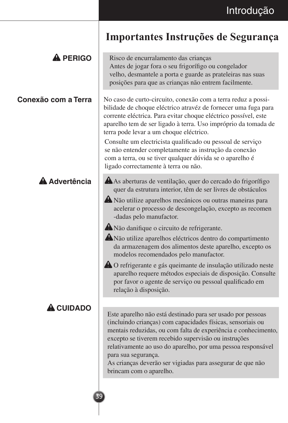 Importantes instruções de segurança, Introdução | LG GR-181LA User Manual | Page 40 / 55