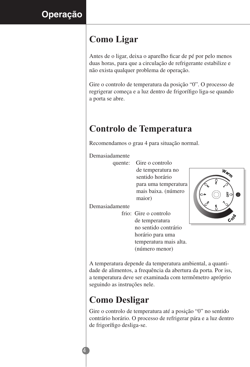 Como ligar, Controlo de temperatura, Como desligar | Operação | LG GR-181LA User Manual | Page 45 / 55