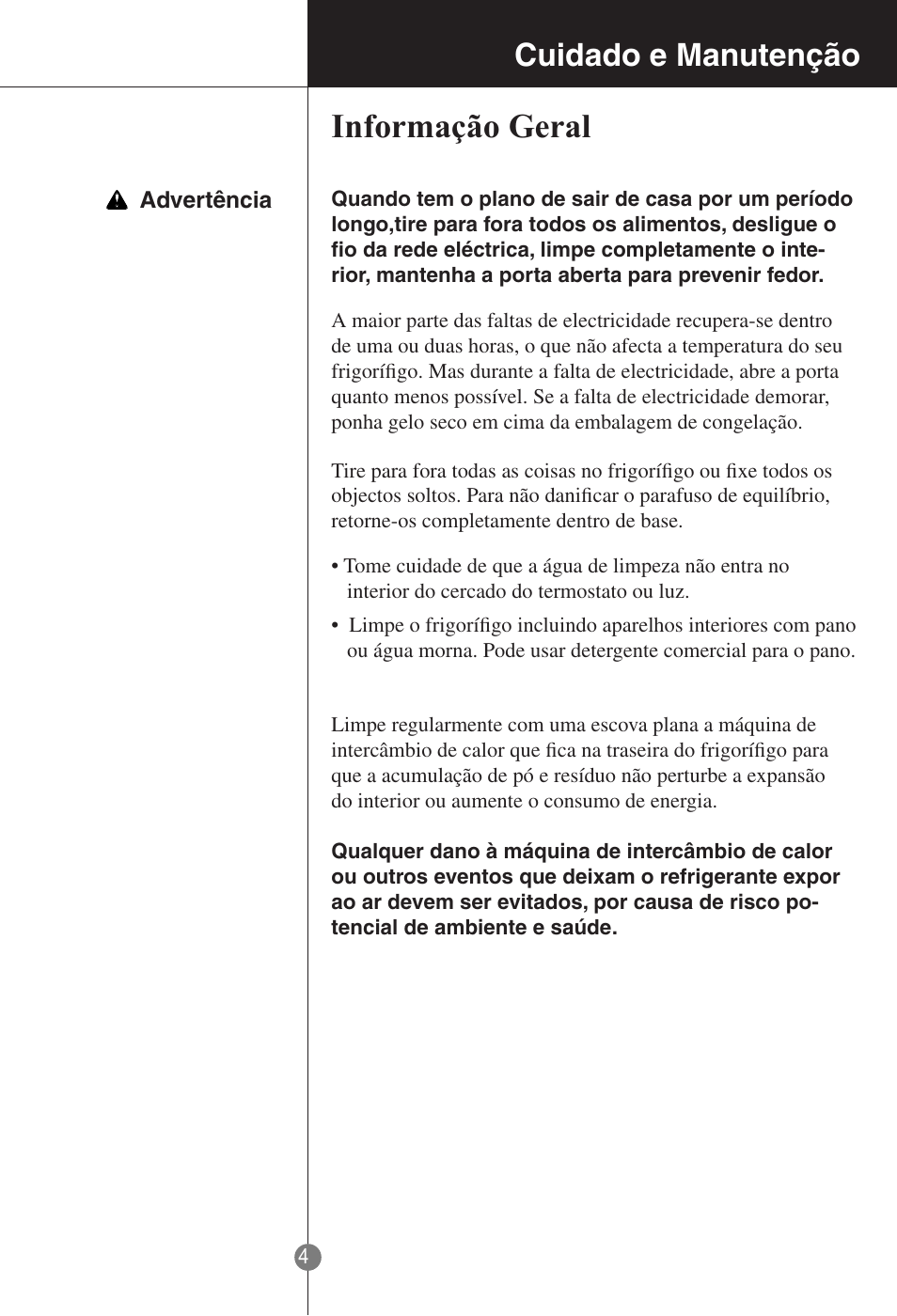 Informação geral, Cuidado e manutenção | LG GR-181LA User Manual | Page 48 / 55