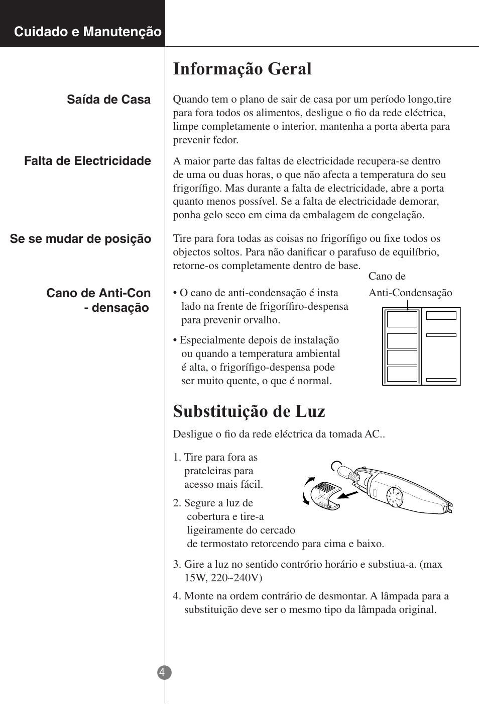 Informação geral, Substituição de luz, Cuidado e manutenção | Cano de anti-condensação | LG GR-181LA User Manual | Page 49 / 55