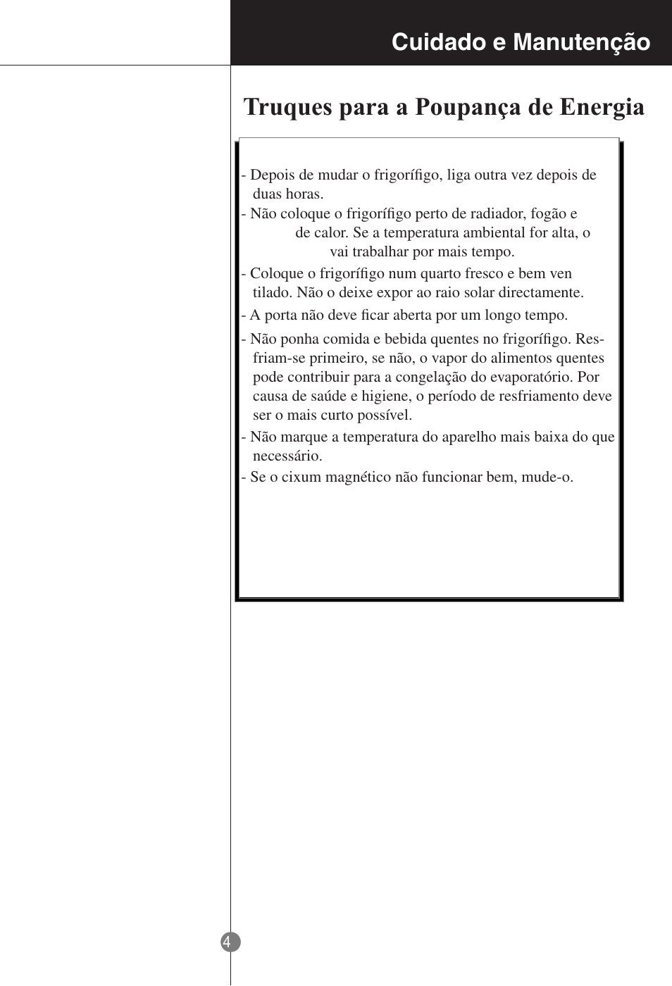 Truques para a poupança de energia, Cuidado e manutenção | LG GR-181LA User Manual | Page 50 / 55