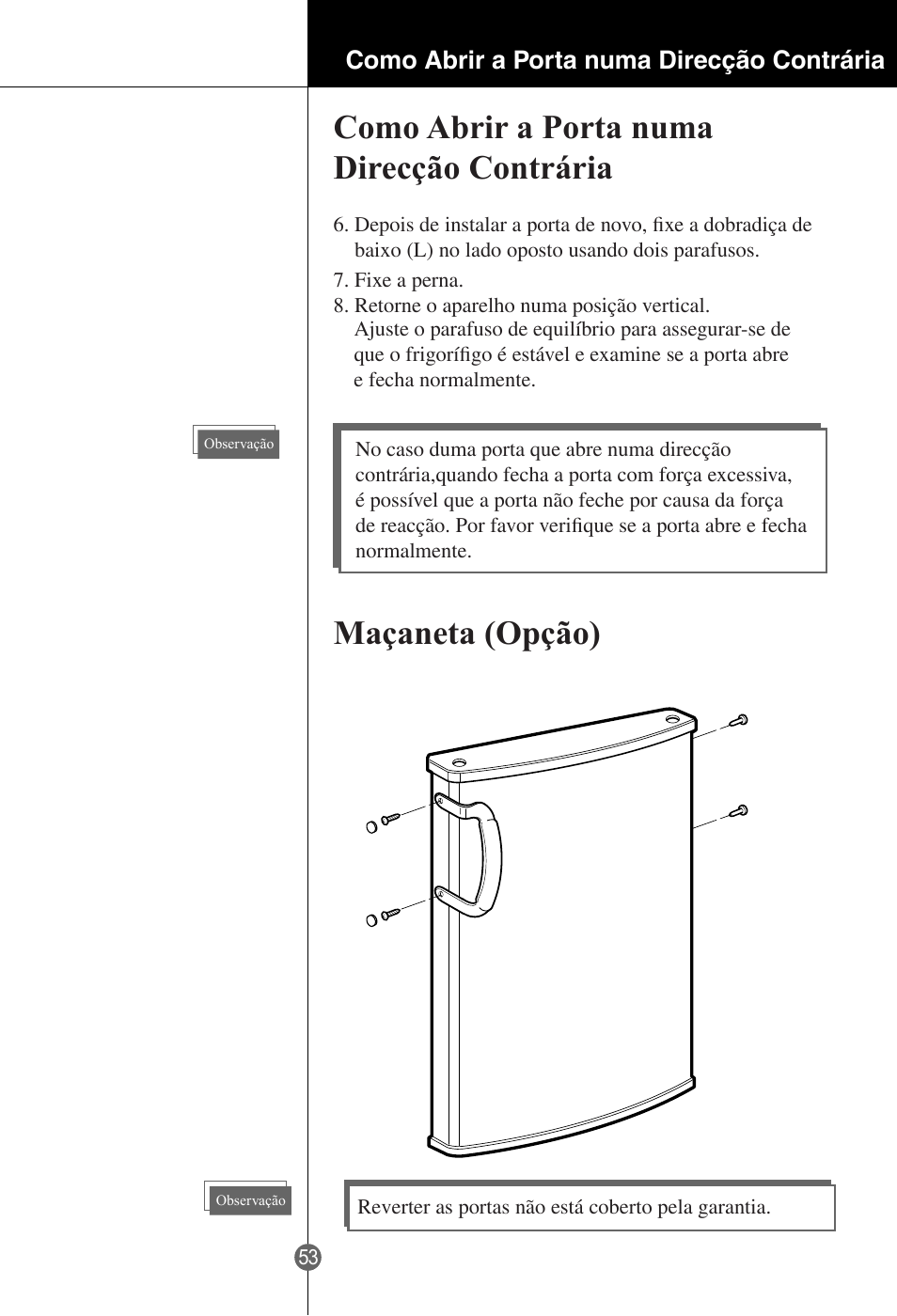 Como abrir a porta numa direcção contrária, Maçaneta (opção) | LG GR-181LA User Manual | Page 54 / 55