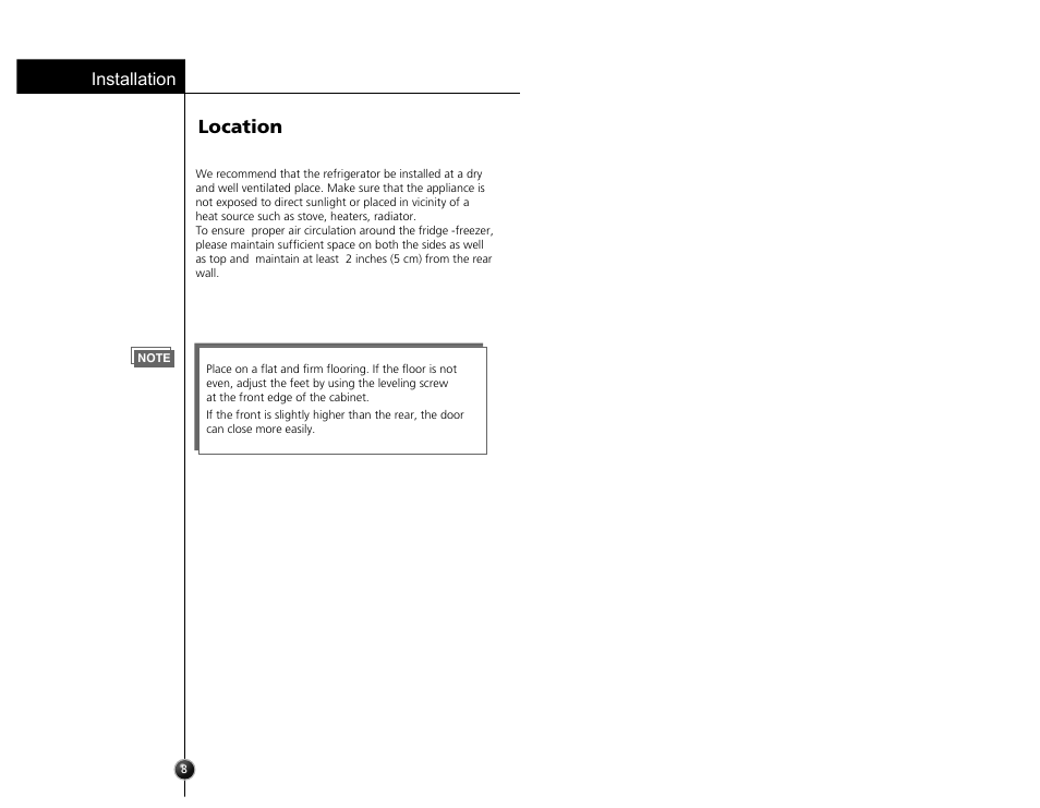 Location, Installation | LG GR-181LA User Manual | Page 7 / 55