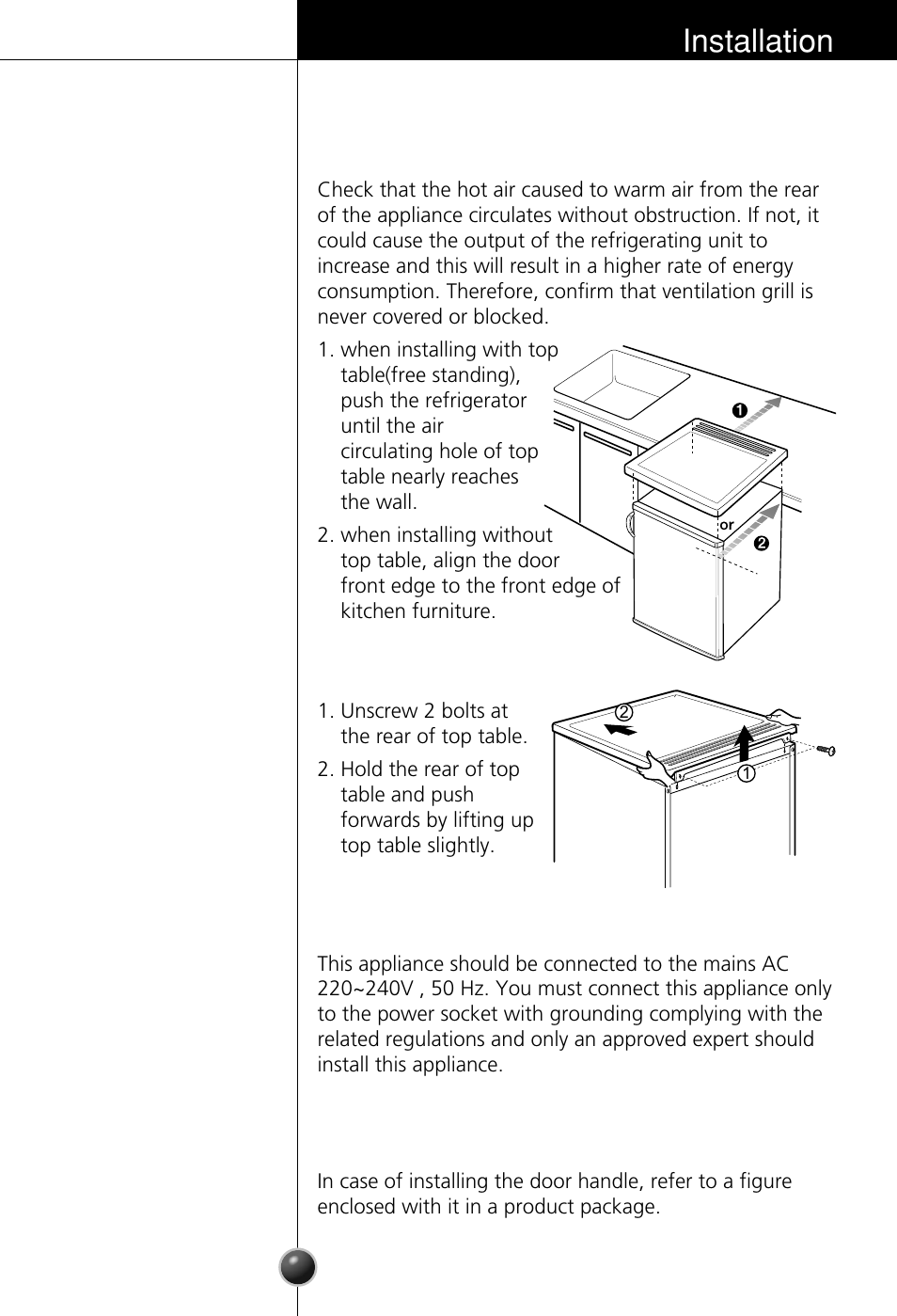 Installation with/ without top table, Electrical connection, Door handle | Installation | LG GR-181LA User Manual | Page 8 / 55