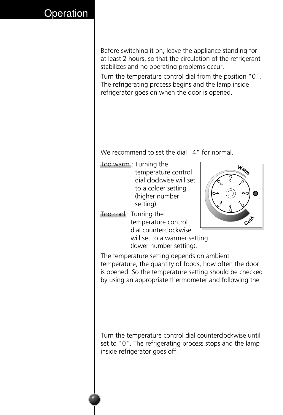 Starting, Controlling the temperature, Switching off | Operation | LG GR-181LA User Manual | Page 9 / 55