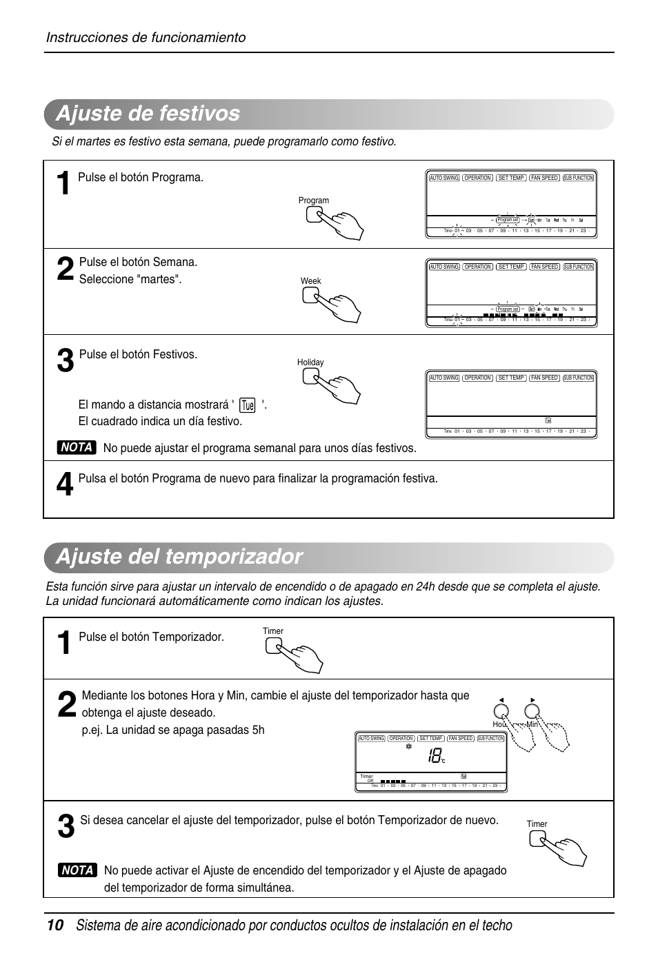 Ajuste de festivos ajuste del temporizador, Instrucciones de funcionamiento, Pulse el botón programa | Pulse el botón semana. seleccione "martes, Pulse el botón temporizador | LG B30AWS User Manual | Page 10 / 19