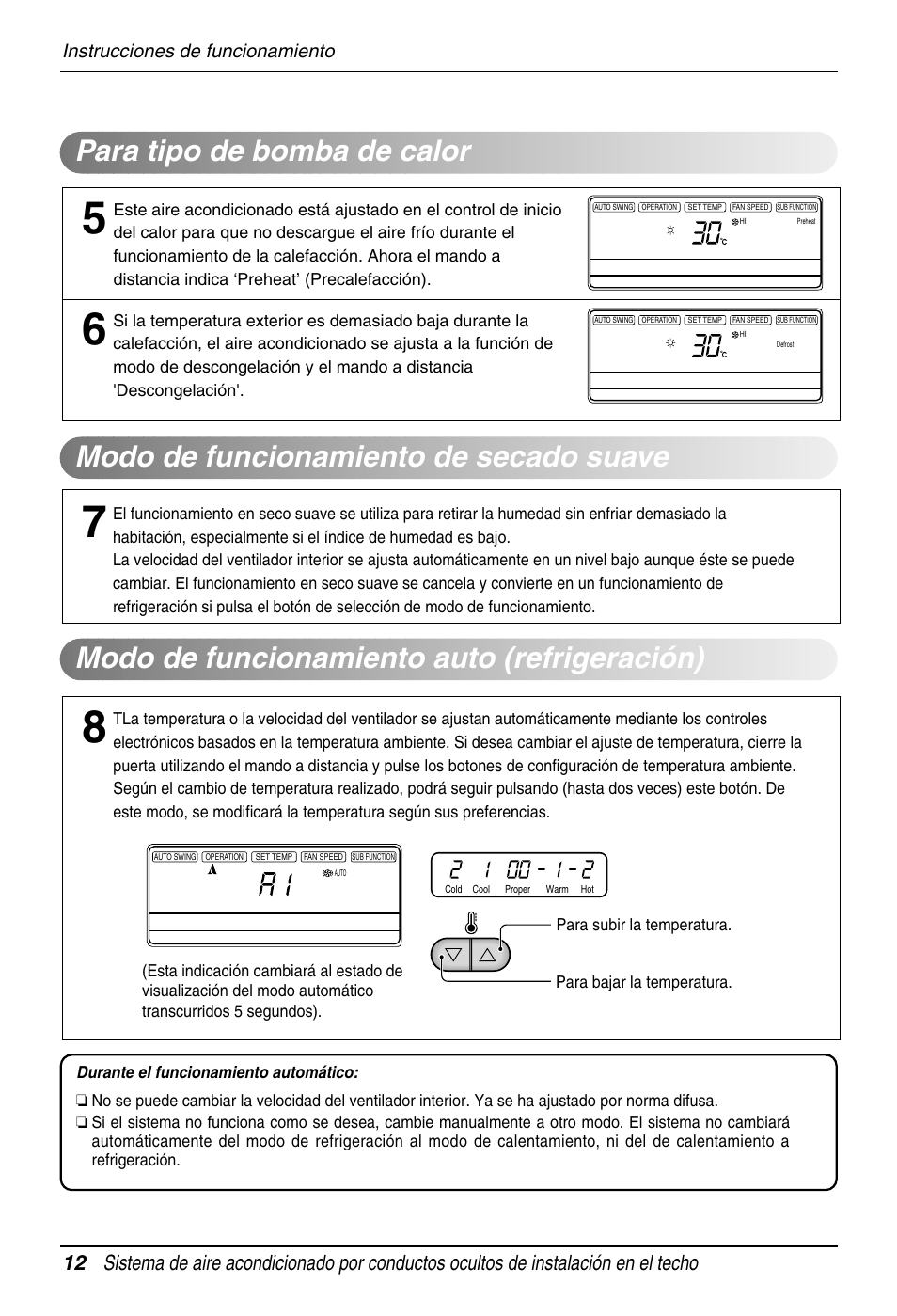 Modo de funcionamiento de secado suave, Para tipo de bomba de calor, Modo de funcionamiento auto (refrigeración) | Instrucciones de funcionamiento | LG B30AWS User Manual | Page 12 / 19