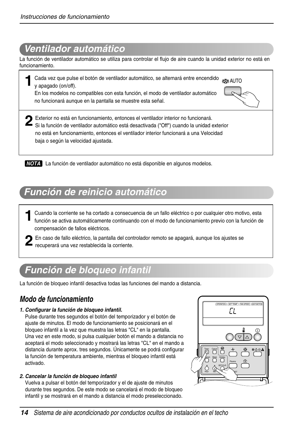 Función de bloqueo infantil, Modo de funcionamiento, Instrucciones de funcionamiento | Auto | LG B30AWS User Manual | Page 14 / 19