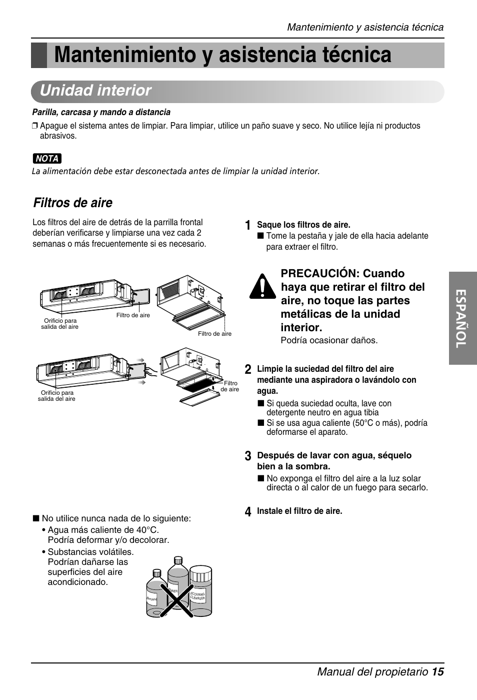Mantenimiento y asistencia técnica, Unidad interior, Español | Filtros de aire, Manual del propietario 15 | LG B30AWS User Manual | Page 15 / 19