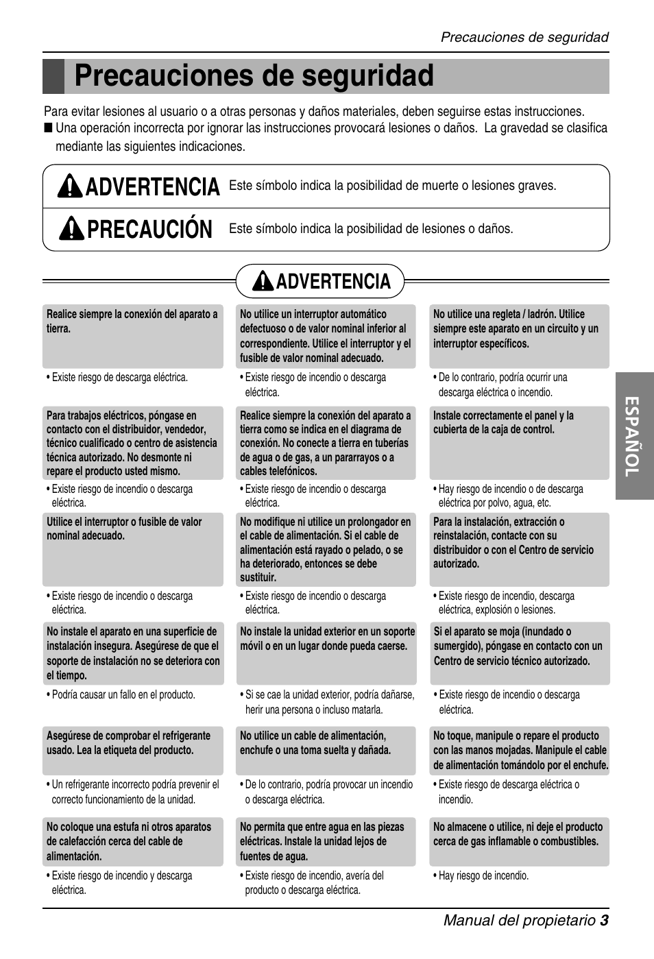 Precauciones de seguridad, Advertencia precaución, Advertencia | Español | LG B30AWS User Manual | Page 3 / 19