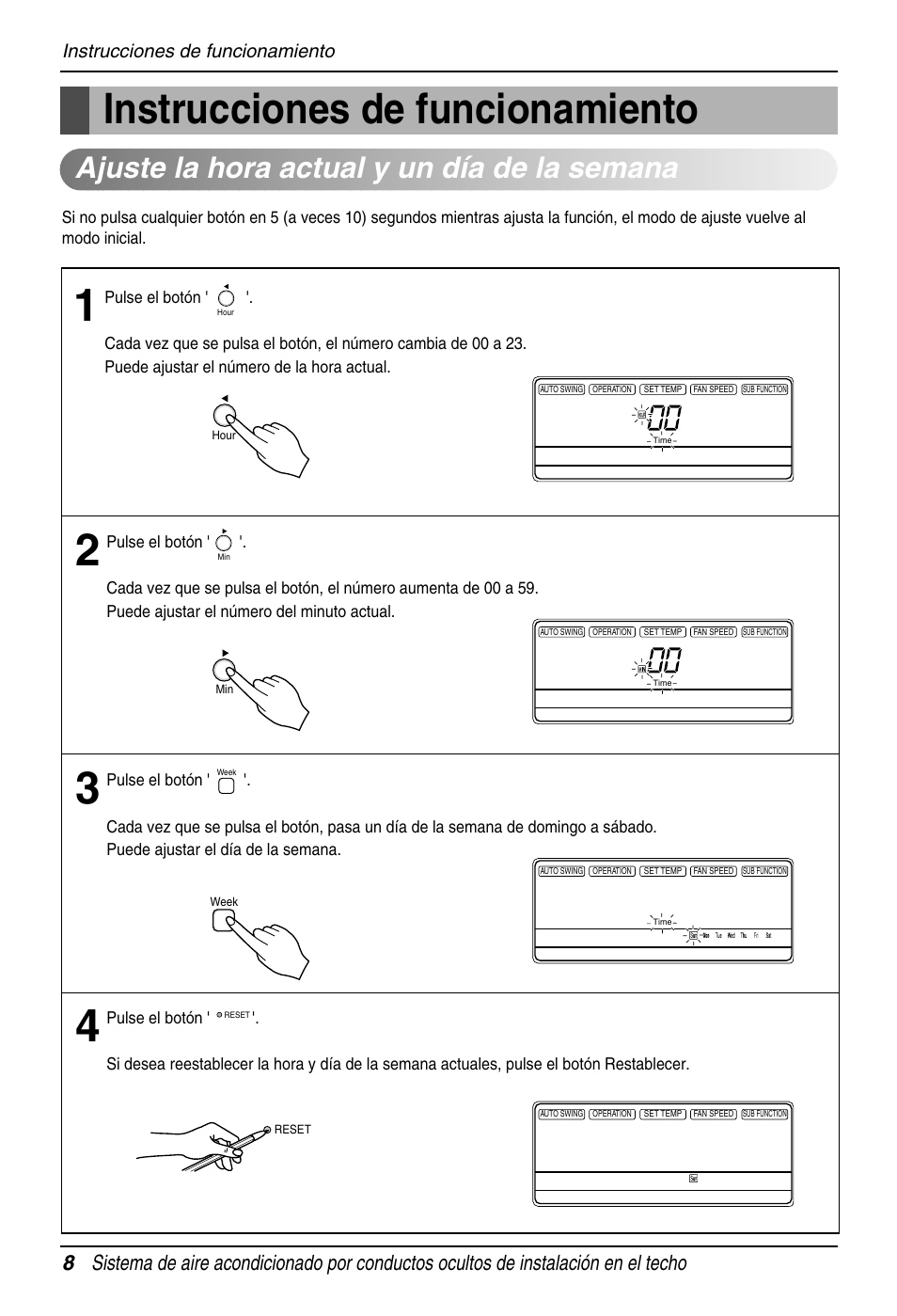 Ajuste la hora actual y un día de la semana, Instrucciones de funcionamiento | LG B30AWS User Manual | Page 8 / 19