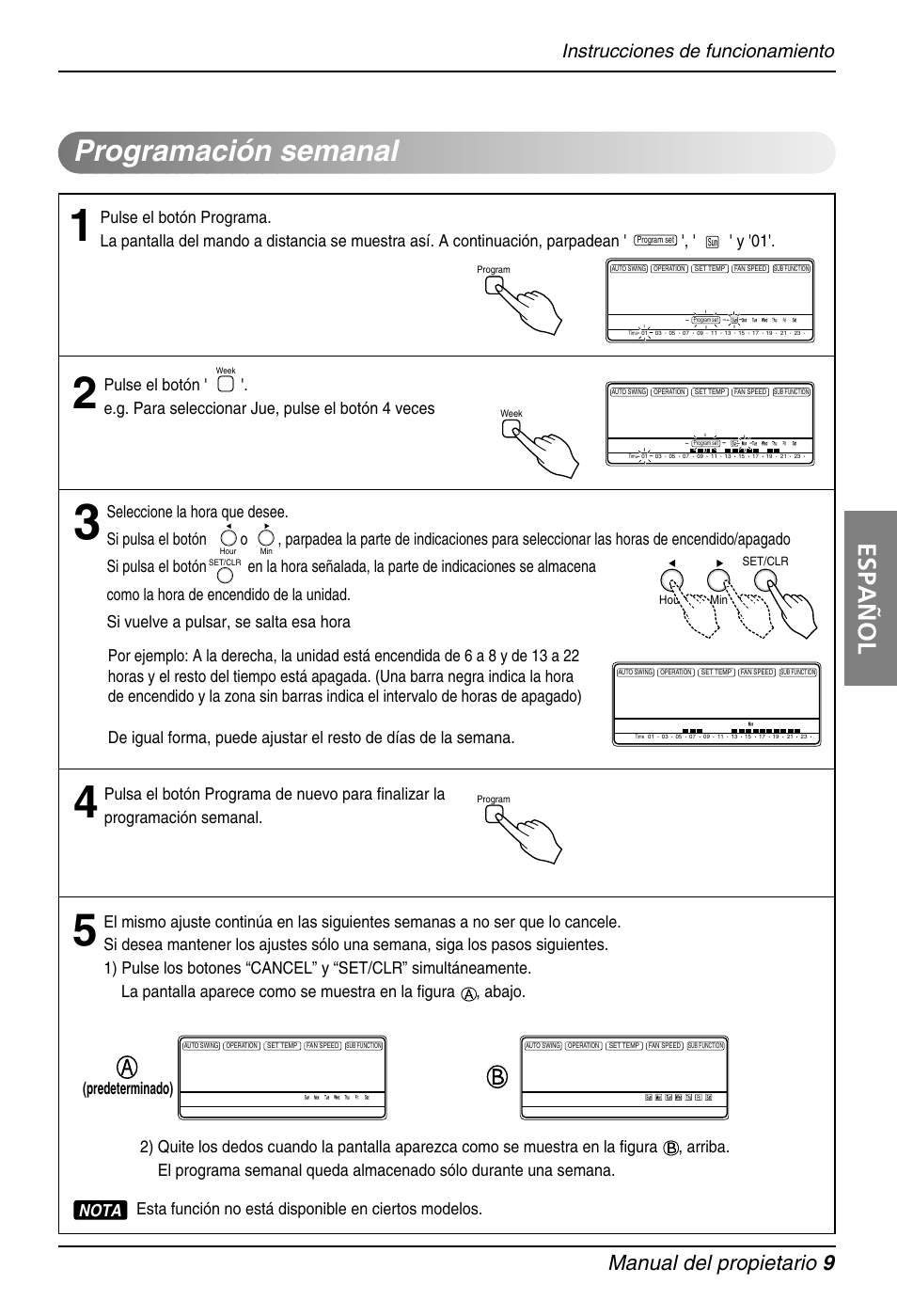 Programación semanal, Español, Manual del propietario 9 | Instrucciones de funcionamiento, Predeterminado), Nota | LG B30AWS User Manual | Page 9 / 19