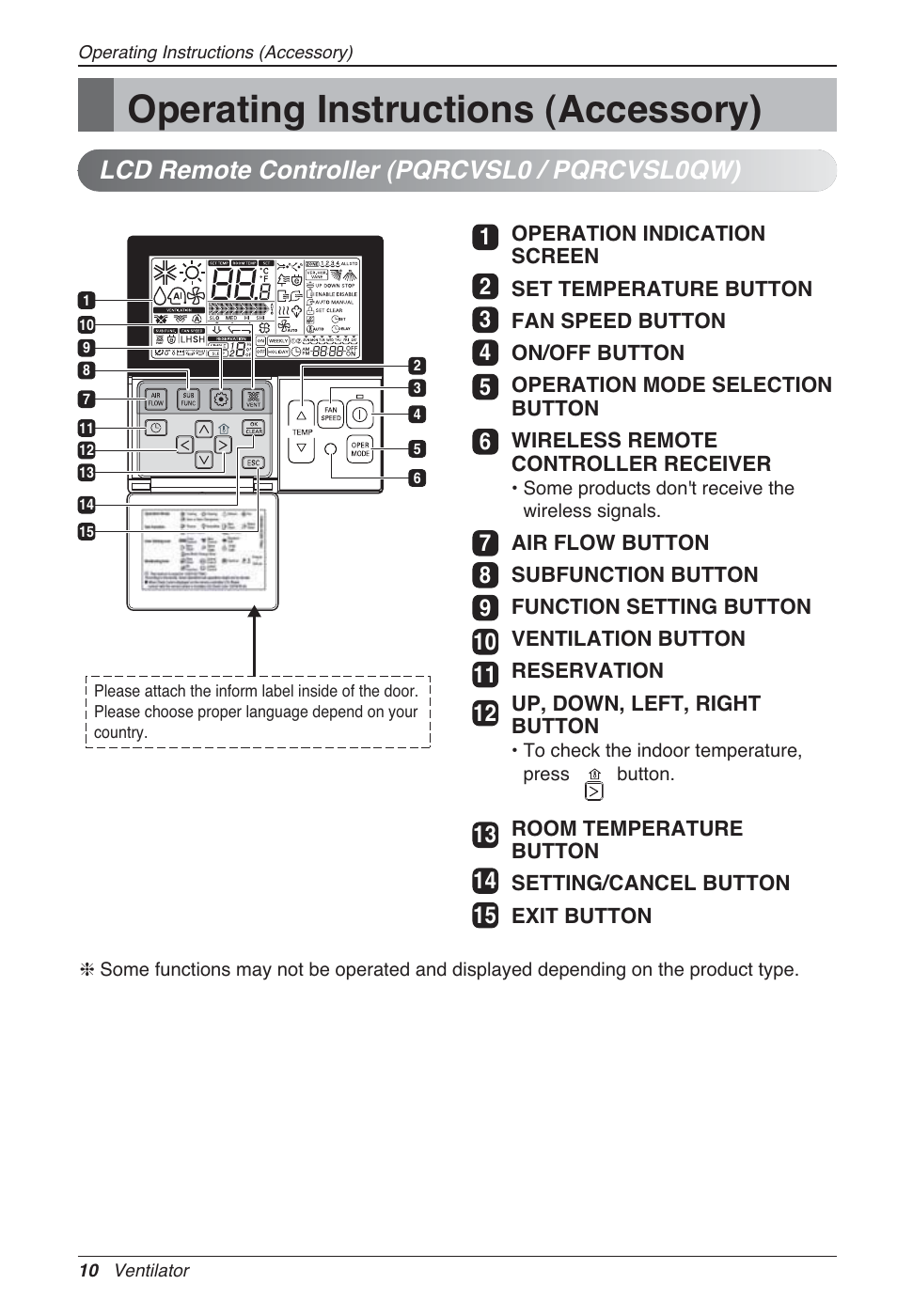 Operating instructions (accessory), Lcd remote controller (pqrcvsl0 / pqrcvsl0qw) | LG LZ-H080GBA2 User Manual | Page 10 / 177