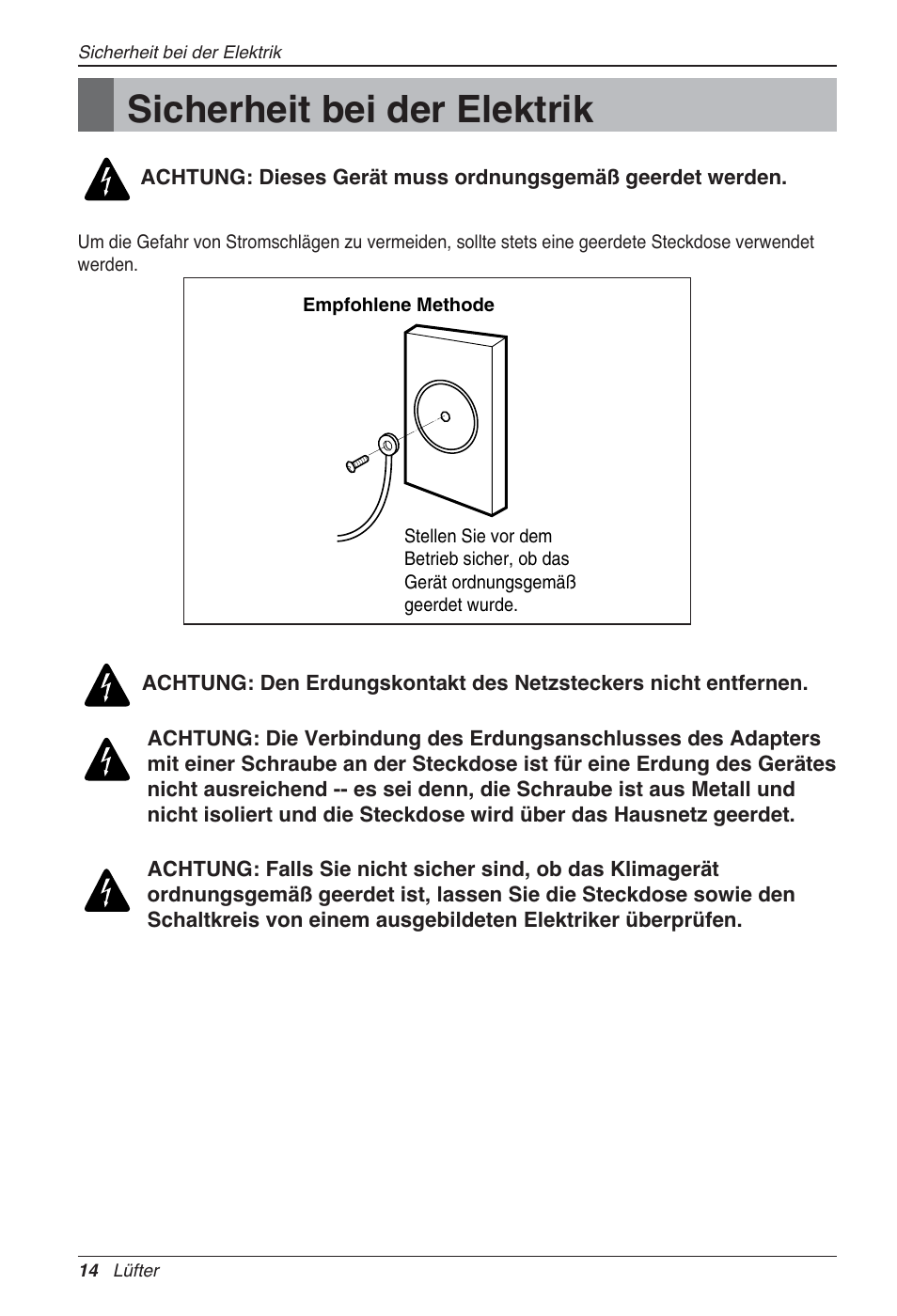 Sicherheit bei der elektrik | LG LZ-H080GBA2 User Manual | Page 102 / 177