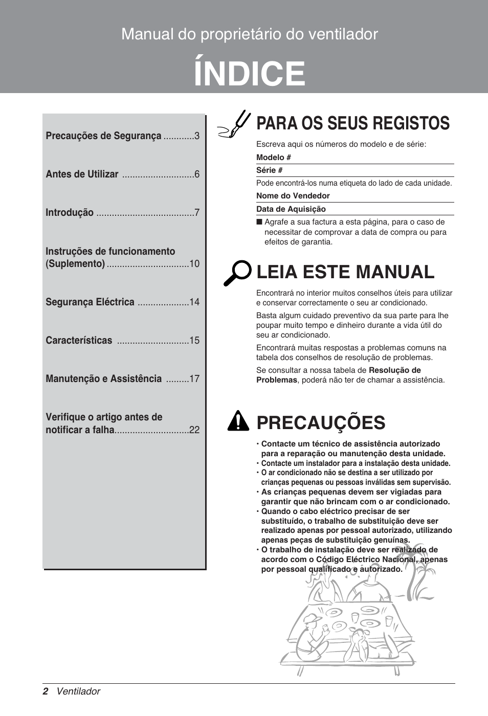 Índice, Para os seus registos, Leia este manual | Precauções, Manual do proprietário do ventilador | LG LZ-H080GBA2 User Manual | Page 134 / 177