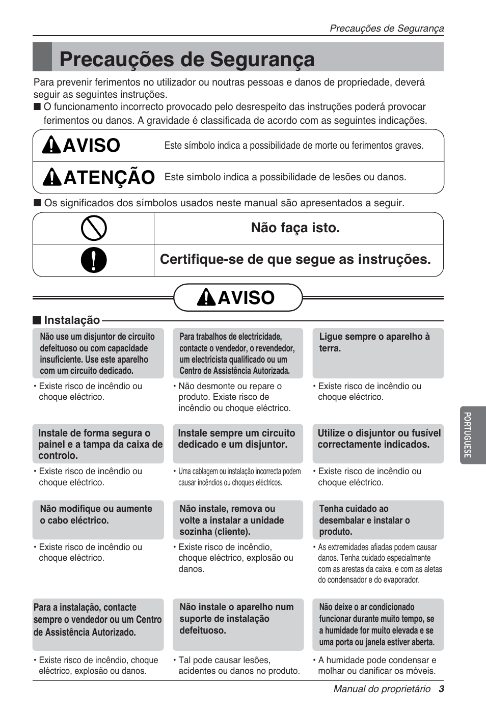 Precauções de segurança, Aviso atenção, Aviso | LG LZ-H080GBA2 User Manual | Page 135 / 177