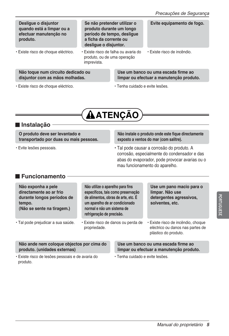 Atenção, Instalação, Funcionamento | LG LZ-H080GBA2 User Manual | Page 137 / 177