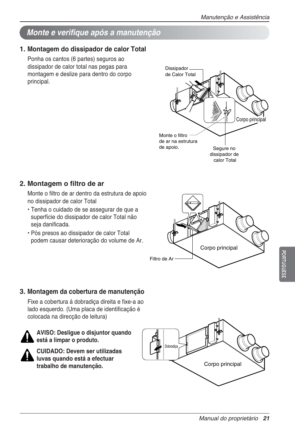 Monte e verifique após a manutenção, Montagem do dissipador de calor total, Montagem o filtro de ar | Montagem da cobertura de manutenção | LG LZ-H080GBA2 User Manual | Page 153 / 177