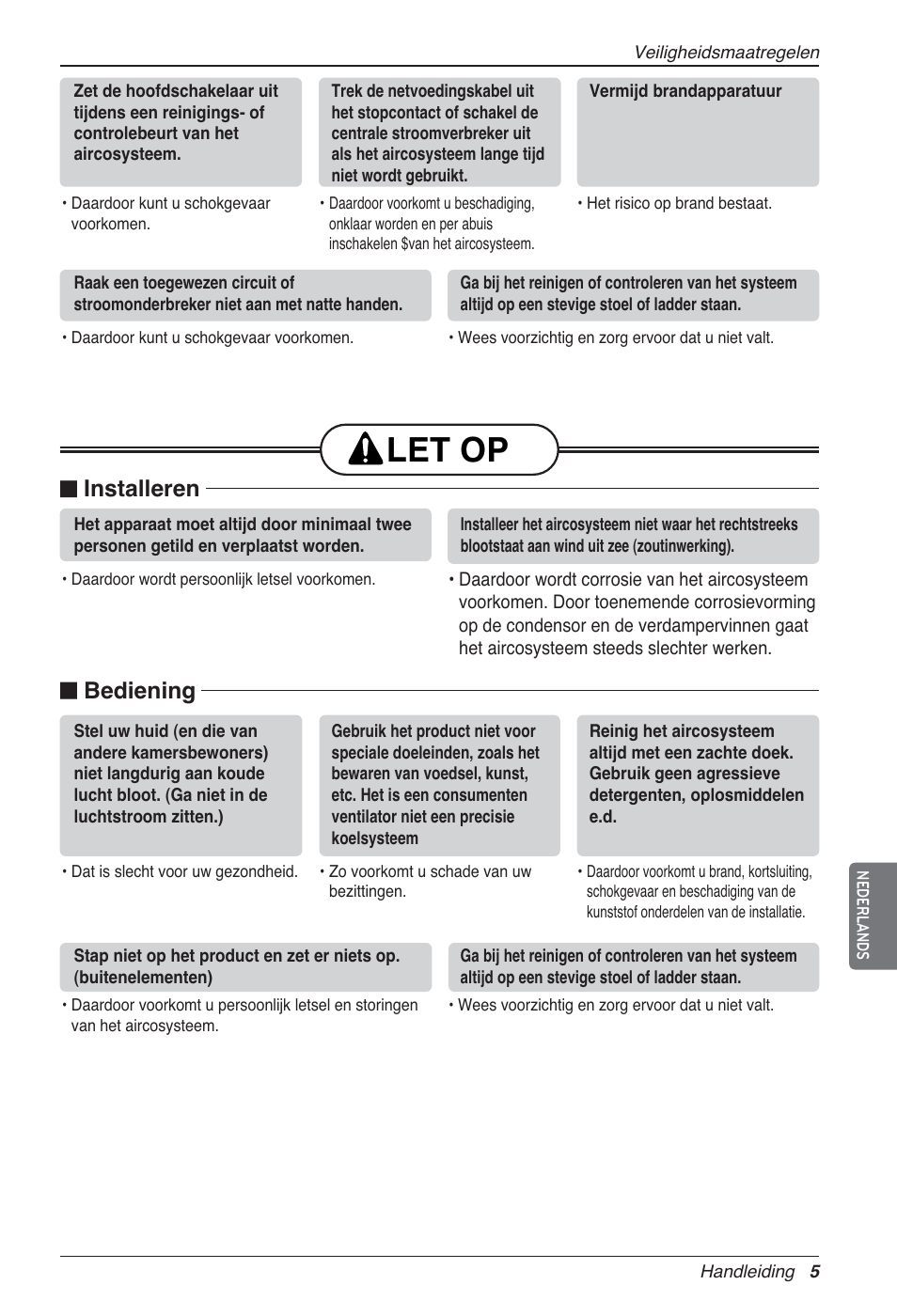 Let op, Installeren, Bediening | LG LZ-H080GBA2 User Manual | Page 159 / 177