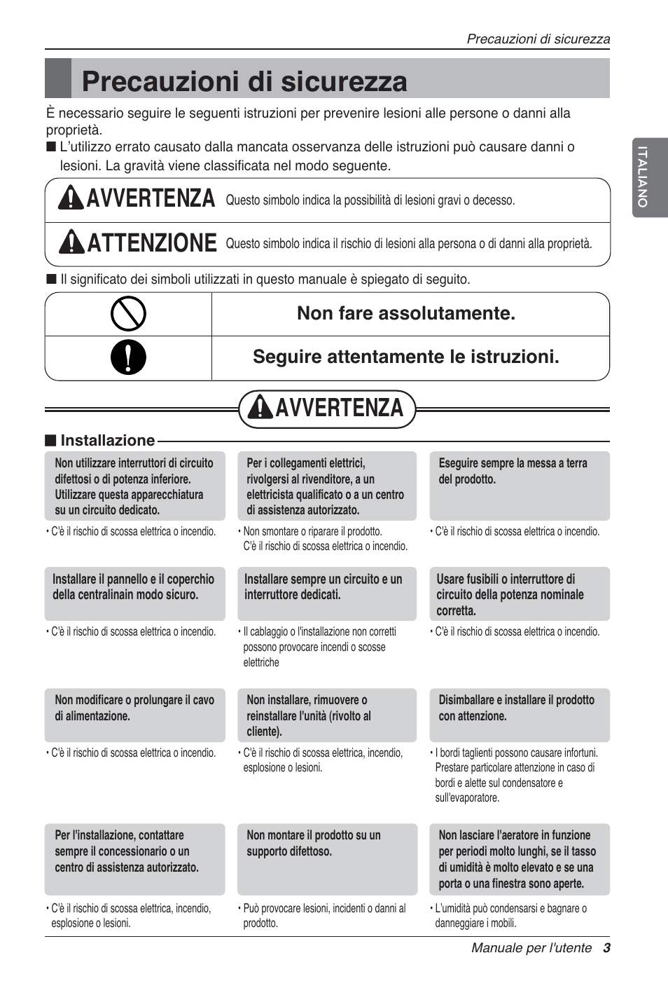 Precauzioni di sicurezza, Avvertenza attenzione, Avvertenza | LG LZ-H080GBA2 User Manual | Page 25 / 177