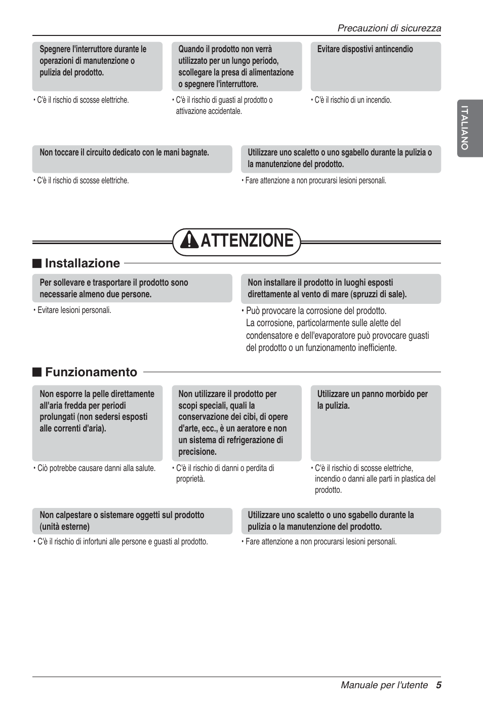 Attenzione, Installazione, Funzionamento | LG LZ-H080GBA2 User Manual | Page 27 / 177