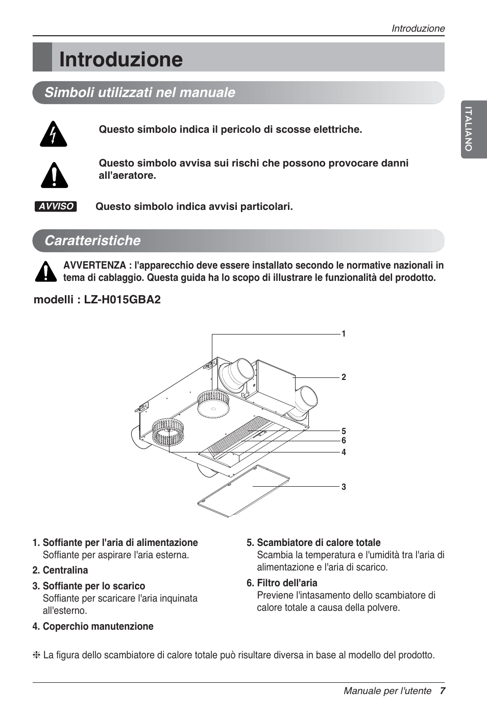 Introduzione, Caratteristiche, Simboli utilizzati nel manuale | LG LZ-H080GBA2 User Manual | Page 29 / 177