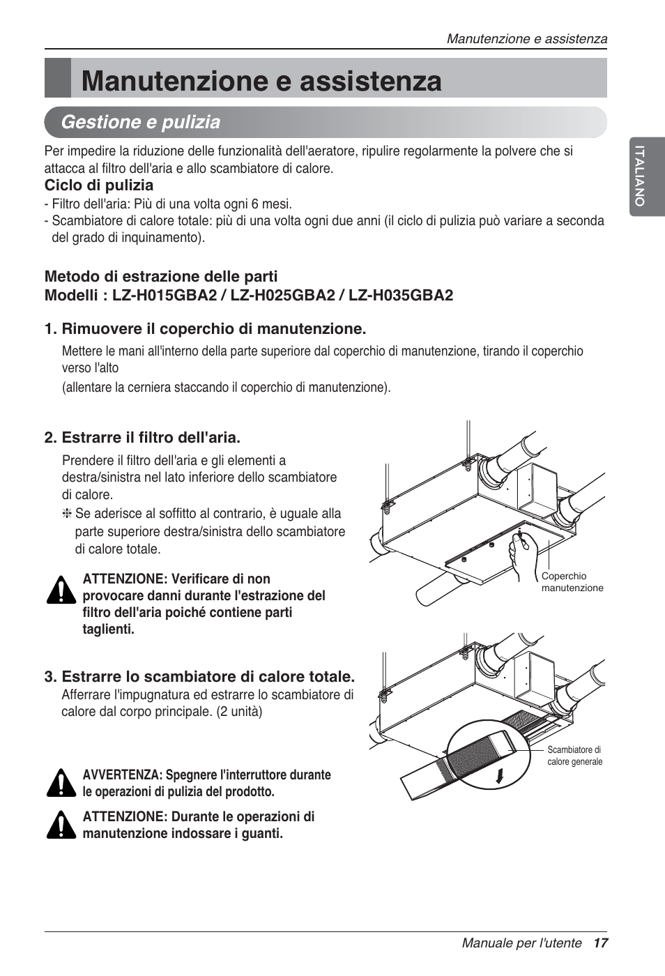 Manutenzione e assistenza, Gestione e pulizia | LG LZ-H080GBA2 User Manual | Page 39 / 177